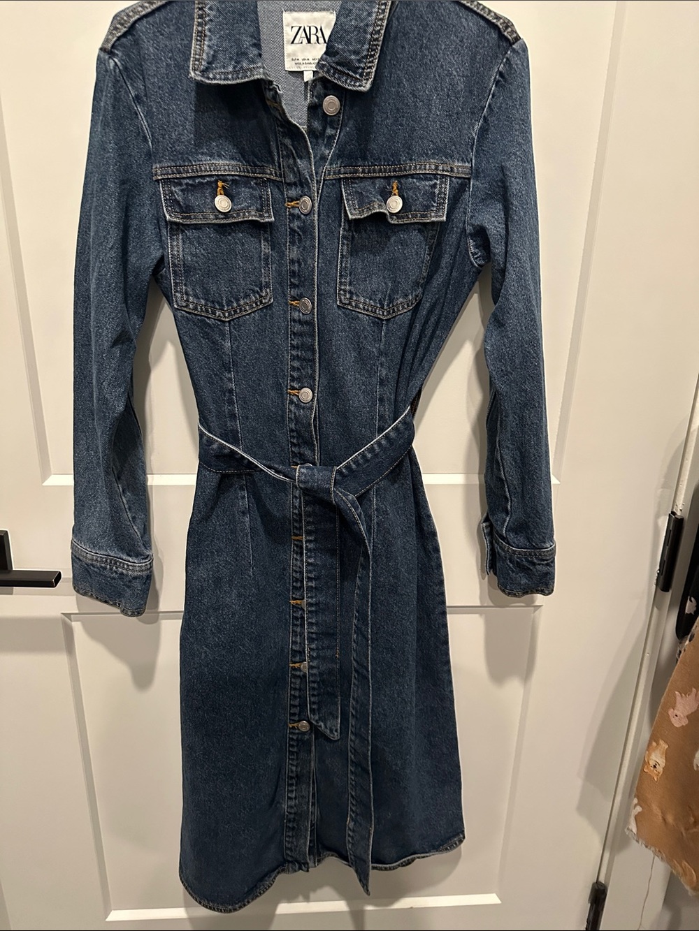 Zara ZW Blue Denim Front Fastening Belted Shirt Midi Dress. Size M